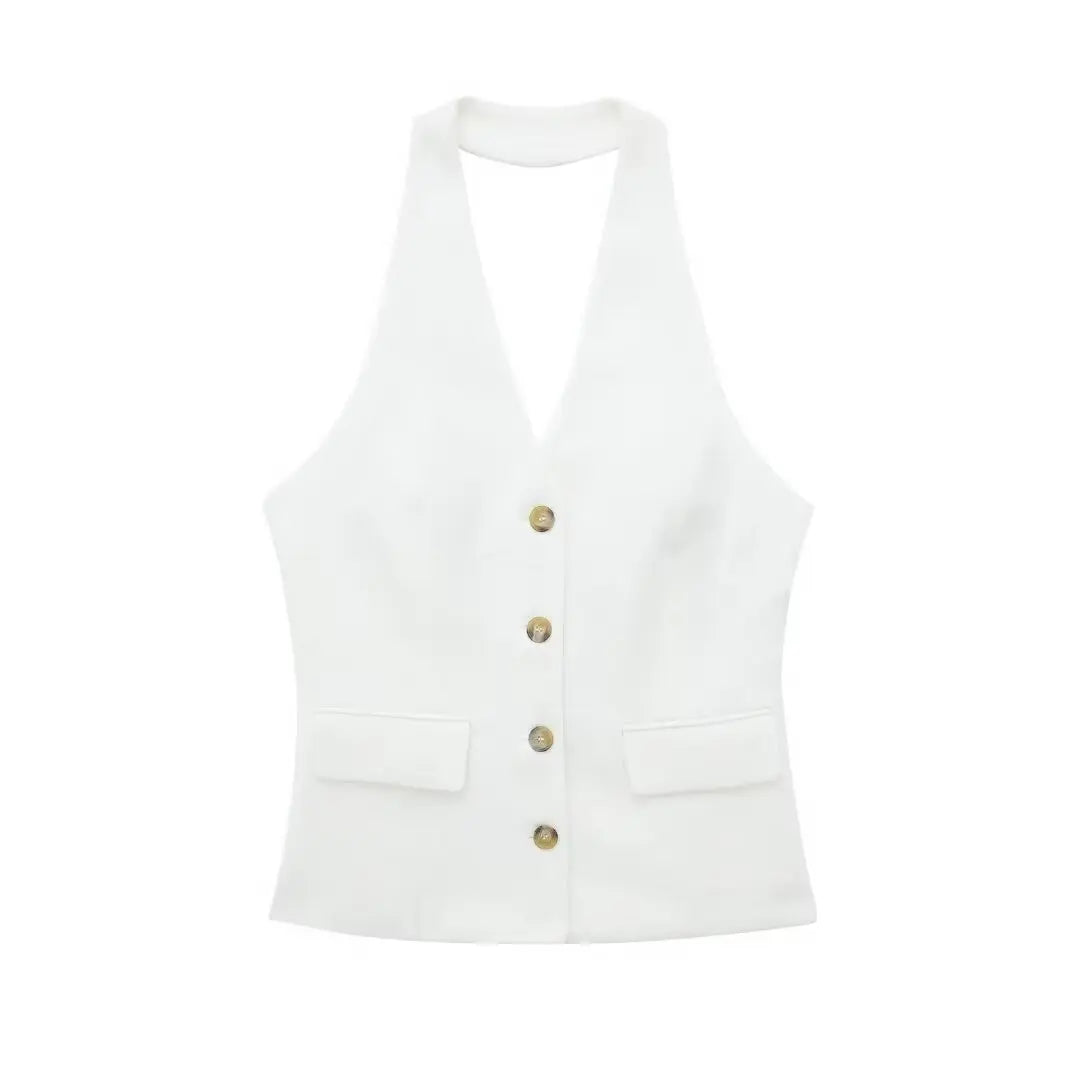 TRAFZA Women’s 2-Piece Set — Sleeveless Halter Vest Top with High-Waist Wide Leg Pants & Zipper Pockets