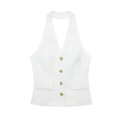 TRAFZA Women’s 2-Piece Set — Sleeveless Halter Vest Top with High-Waist Wide Leg Pants & Zipper Pockets