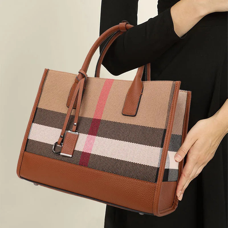 Aidrani Women’s Plaid Canvas Handbag – Classic Large Capacity Cowhide Single Shoulder Crossbody Bag