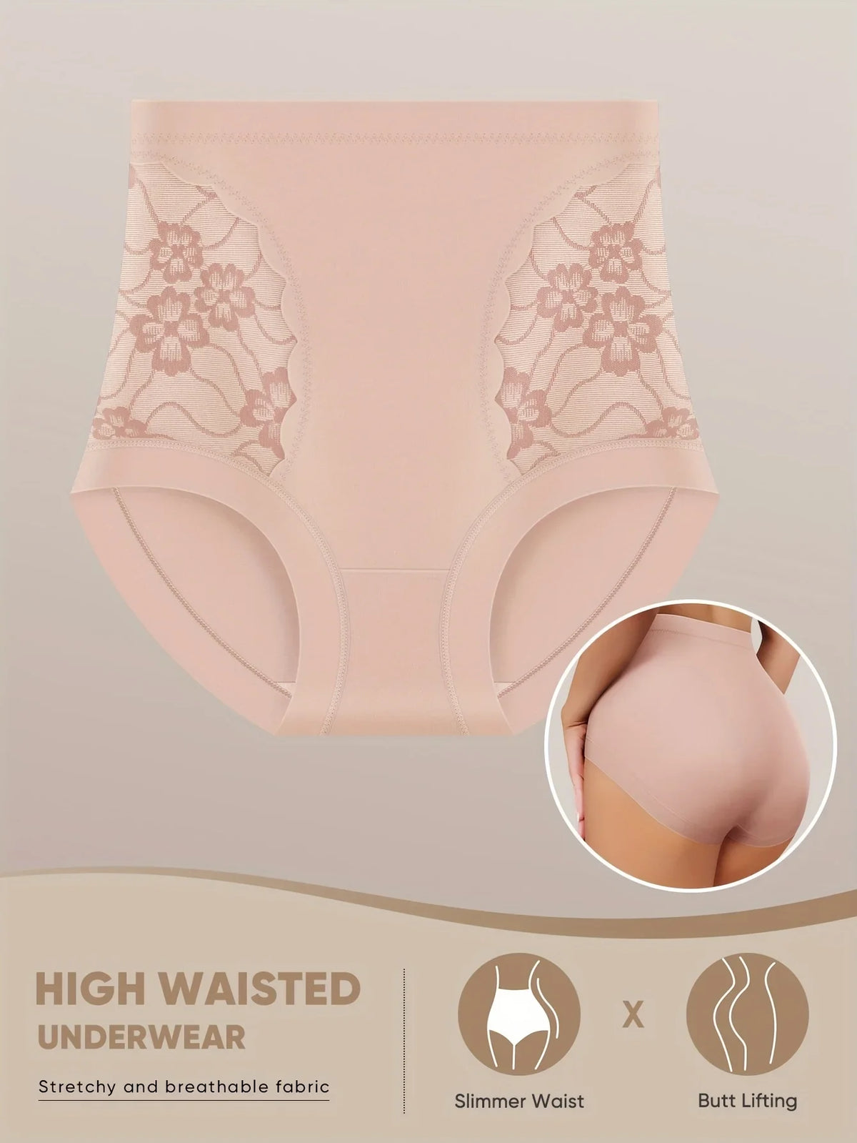 Women’s High-Waist Shaping Panties - Floral Lace Tummy Control Breathable Sheer Briefs for Everyday Comfort