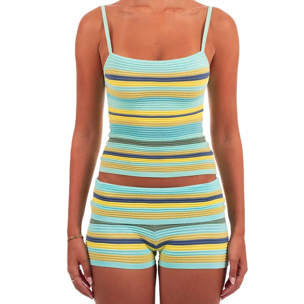 Women’s Y2K Vintage Striped 2-Piece Set – Sleeveless Cami Tank Top & Fold Over Shorts Summer Loungewear Vacation Outfit