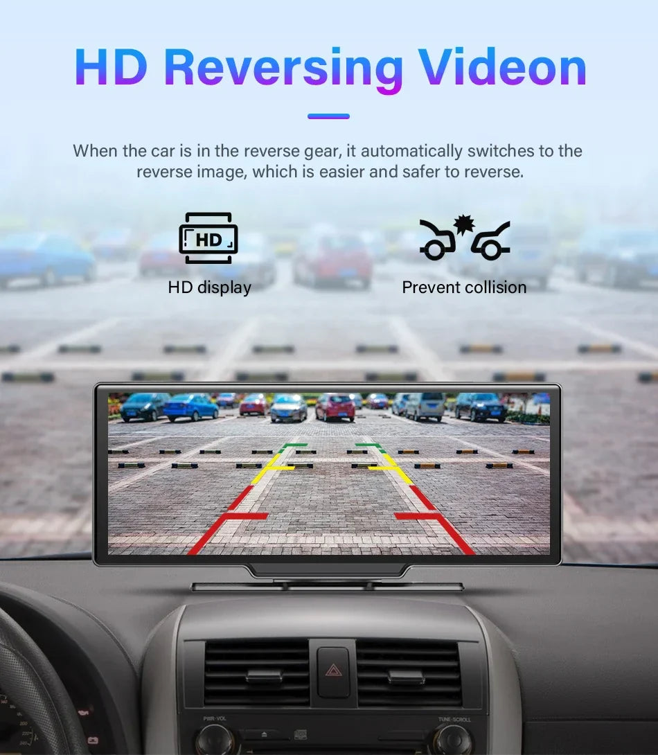 10.26'' 4K Dash Cam Car Mirror Video Player - Wireless CarPlay, Android Auto, GPS, and Rearview Camera Monitor