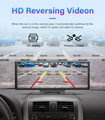 10.26'' 4K Dash Cam Car Mirror Video Player - Wireless CarPlay, Android Auto, GPS, and Rearview Camera Monitor