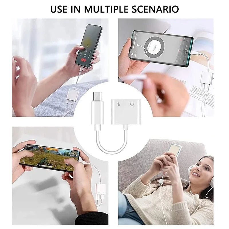 2-in-1 USB-C to 3.5mm Audio Adapter — Dual Type-C Jack Charging & Aux Cable for Samsung, Xiaomi Wired Earphones