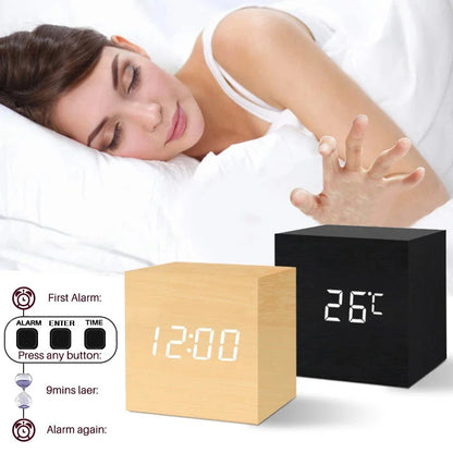 Wooden Digital Alarm Clock – LED Desktop Clock with Temperature Display, Sound Control, USB/AAA Powered Bedside Clock