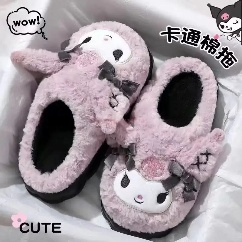 Kuromi Cotton Slippers for Women — Cute Cartoon Anti-Slip Home Shoes, Thickened Autumn & Winter Footwear