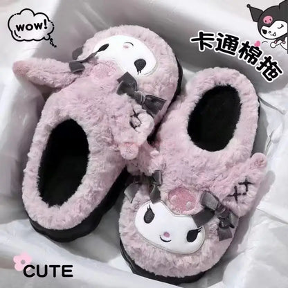 Kuromi Cotton Slippers for Women — Cute Cartoon Anti-Slip Home Shoes, Thickened Autumn & Winter Footwear