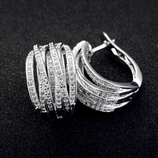 Huitan Silver Cross Hoop Earrings – Full Crystal Cubic Zirconia Statement Jewelry for Women