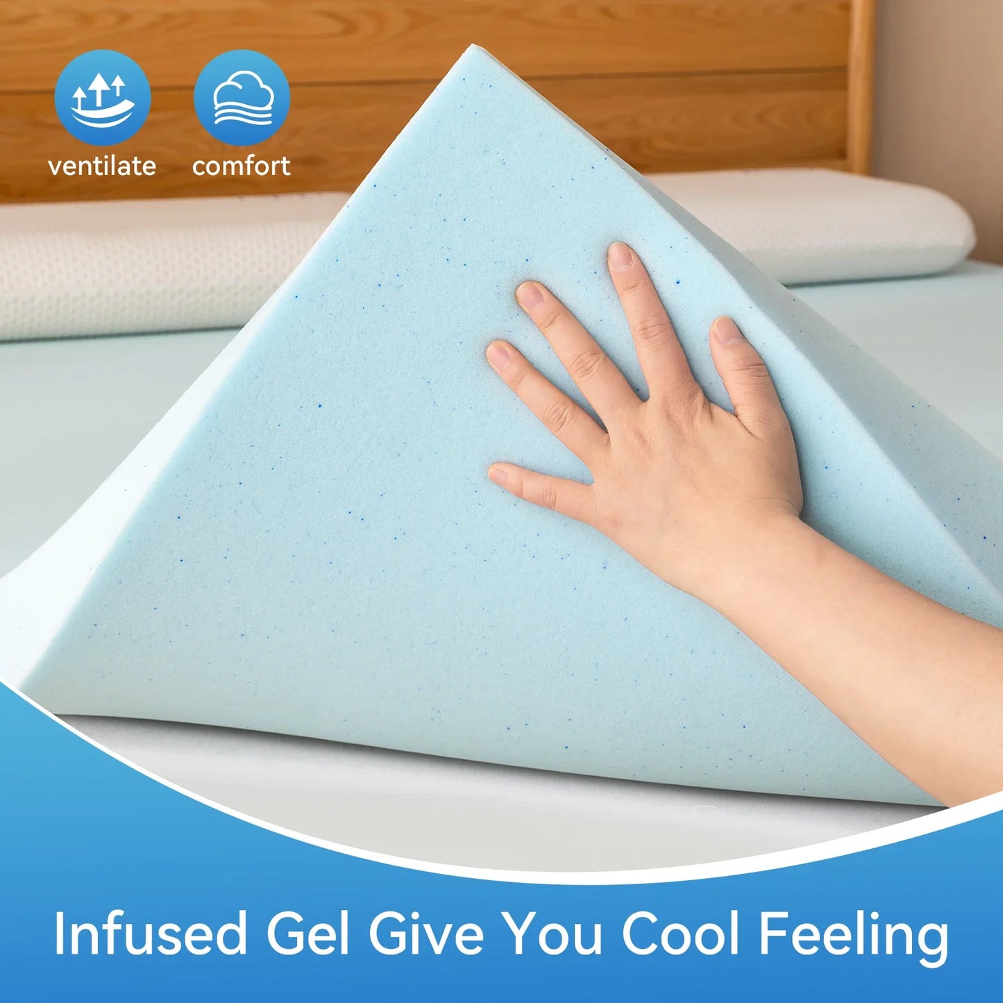 Hcore Gel Memory Foam Mattress Topper - Blue Cooling Pad, Soft & Breathable Bedding for Bedroom & Guest Room, CertiPU