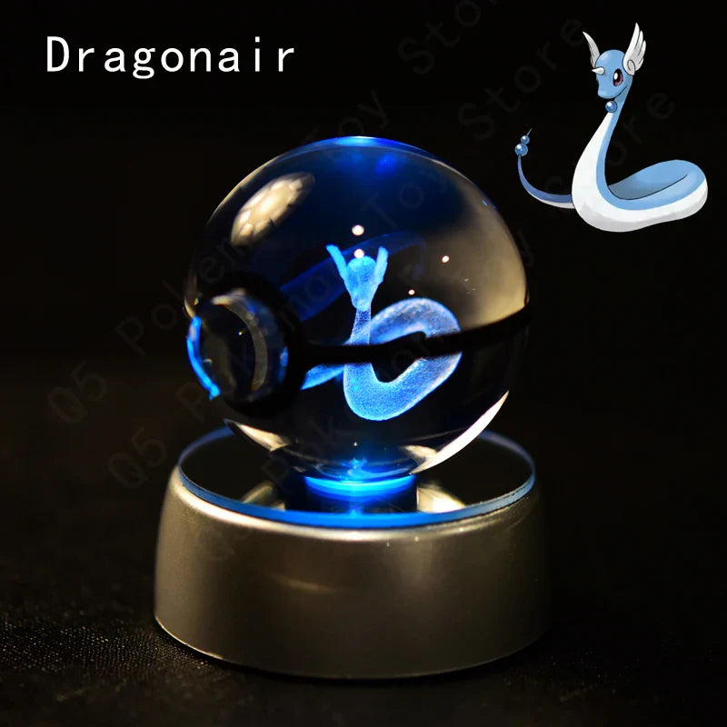 Pokemon 3D Crystal Ball Figurine — Pikachu, Gengar, Mew, Mewtwo Glass Statue with Lamp Base, Kids Birthday Gift