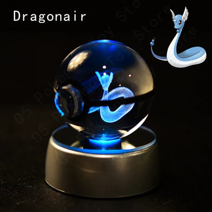 Pokemon 3D Crystal Ball Figurine — Pikachu, Gengar, Mew, Mewtwo Glass Statue with Lamp Base, Kids Birthday Gift