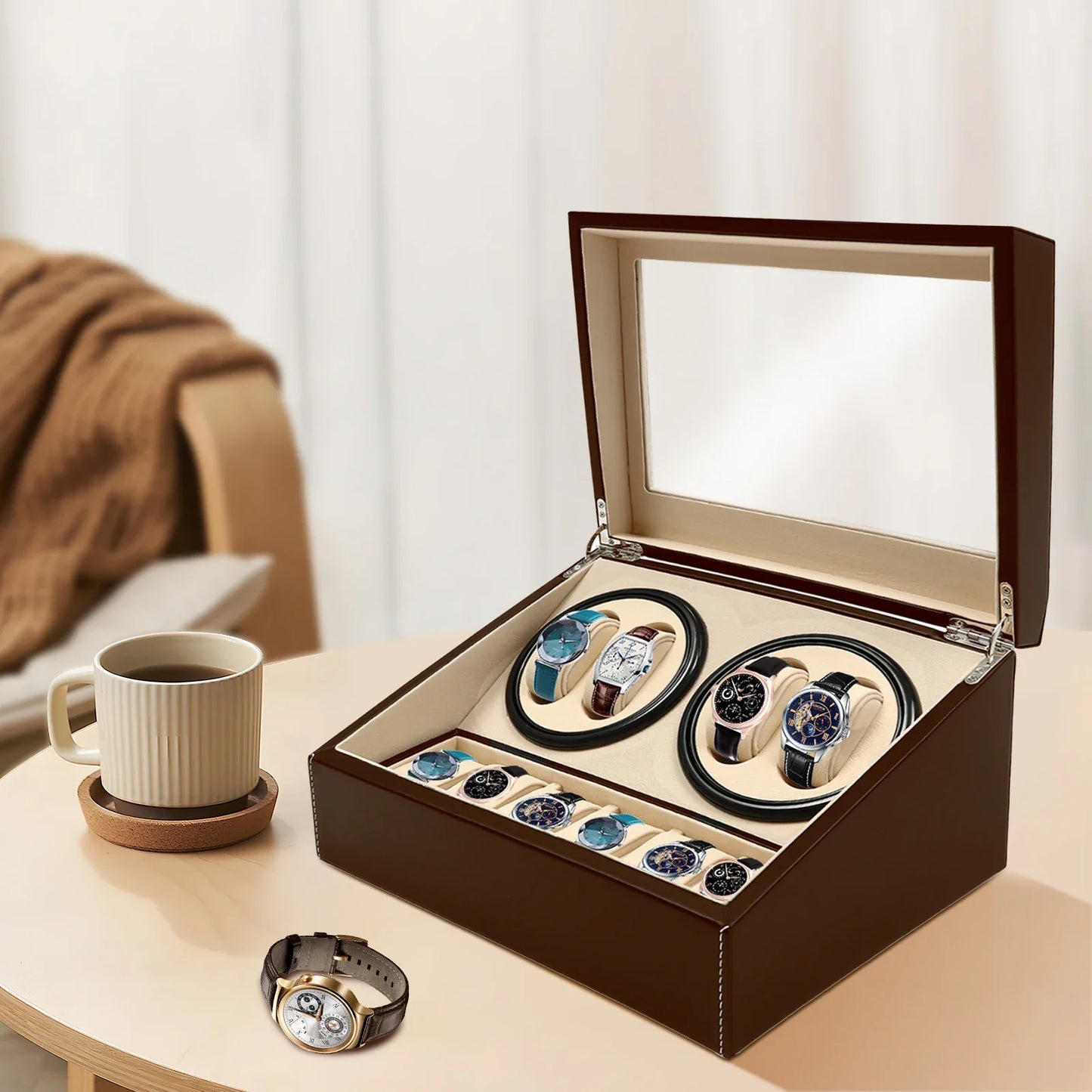 4+6 Slot Automatic Watch Winder – Leather & Wood Luxury Display Case with Pillow, Black/Brown