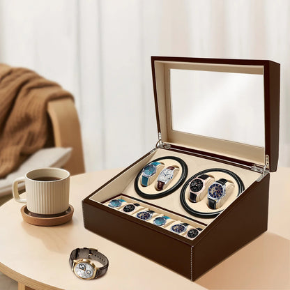 4+6 Slot Automatic Watch Winder – Leather & Wood Luxury Display Case with Pillow, Black/Brown