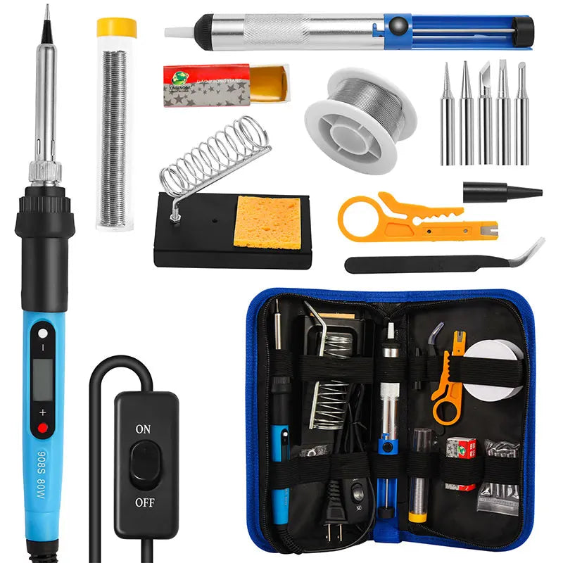 80W LCD Digital Soldering Iron Kit — Adjustable Temperature Electronics Repair Tool with Switch & Solder Tips