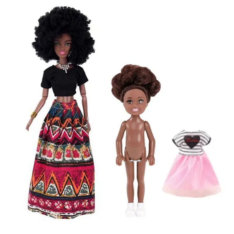 Kawaii African Girls Doll Set — 30cm Mother & 14cm Daughter with Clothes, DIY Kids Toy Birthday Gift