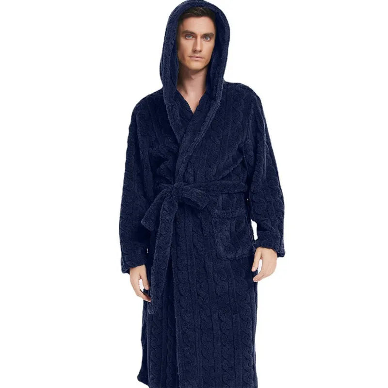 Men’s Fall & Winter Warm Hooded Robe – Thickened Cotton Velvet Jacquard Homewear for Couples