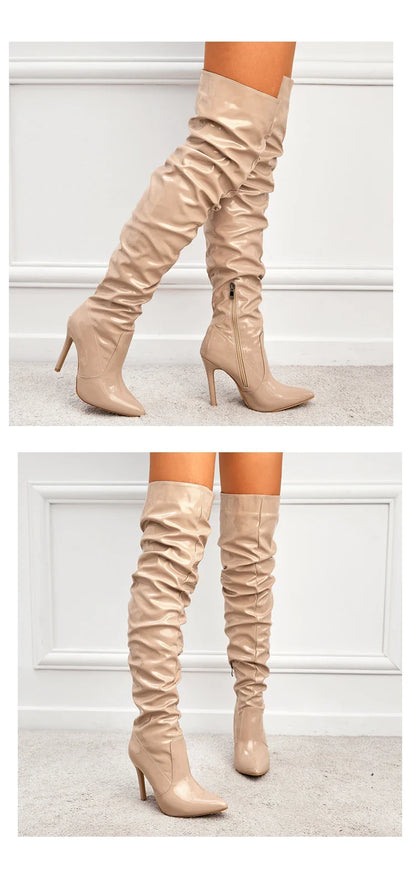 Eilyken Red Over-the-Knee Stiletto Boots for Women – Patent Leather Pointed Toe High Heel Zip-Up Shoes