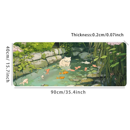 Cute Cartoon Cat Fish Mouse Pad – Large Green Anti-Slip Rubber Desk Mat, Perfect Gift for Women & Girlfriend