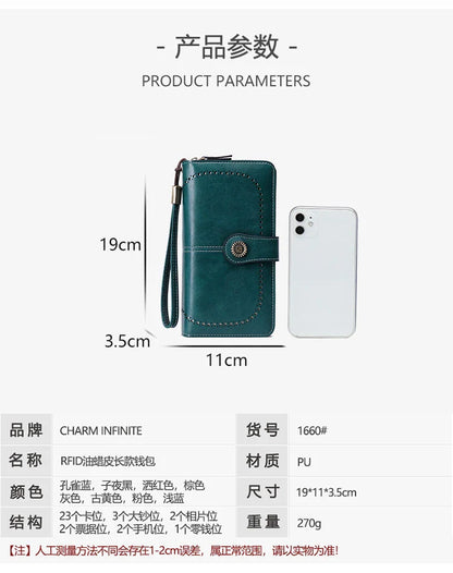 RFID Anti-Theft Retro Large Capacity Women's Wallet – Multi-Card Zipper Wallet with Wrist Strap