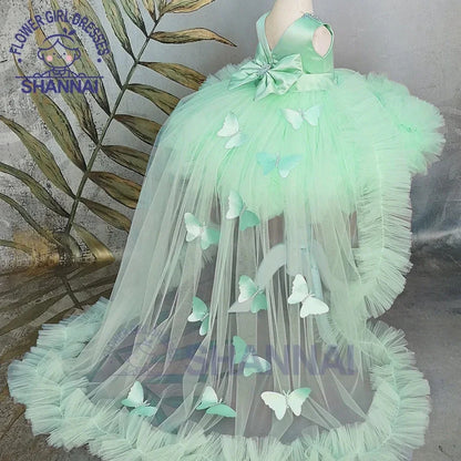 Pink Flower Girl Dress with Train - Puffy Bow Birthday and First Communion Dress