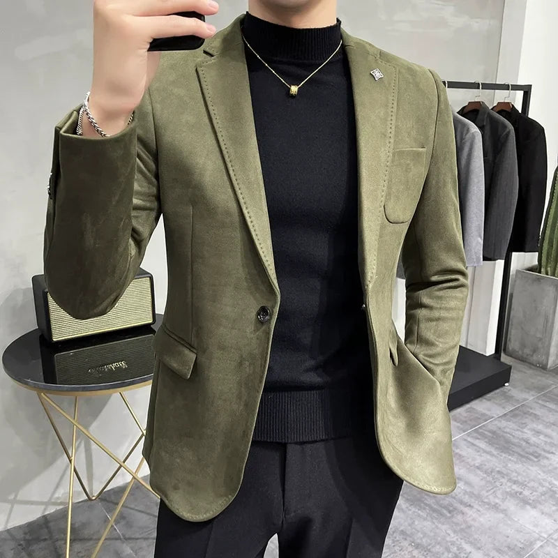 Men's Deerskin Fleece Blazer – Slim Fit Single Button Suit Jacket for Business & Casual Wear