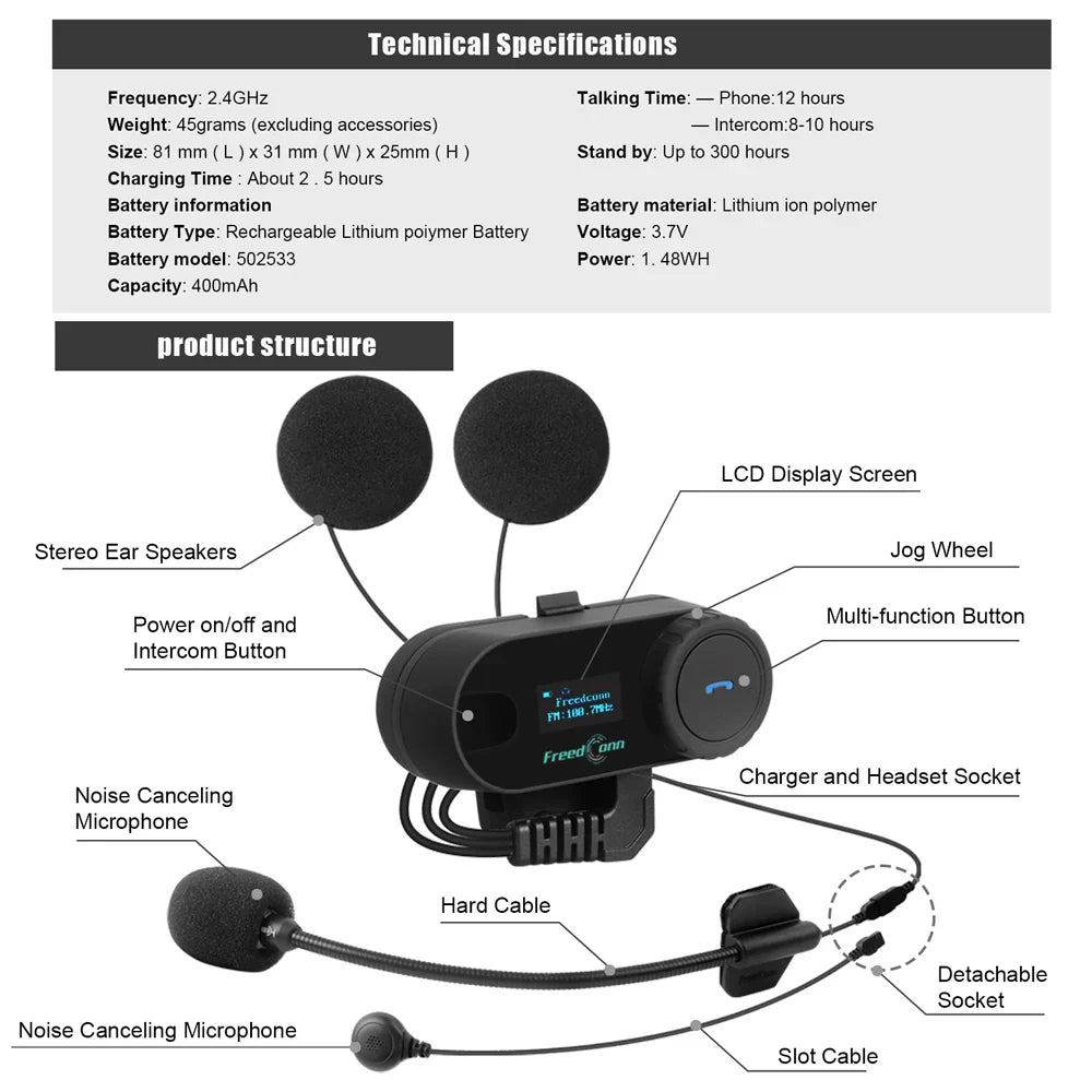 FreedConn Bluetooth Motorcycle Intercom Helmet Headset - Wireless Motorbike Interphone with LCD Screen & FM Earphone