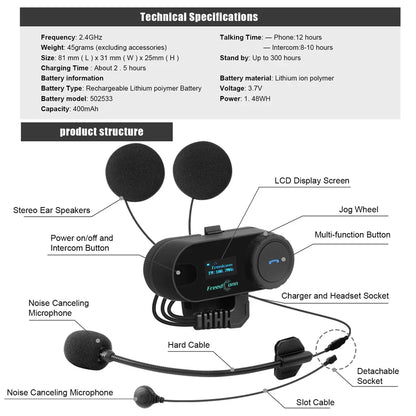 FreedConn Bluetooth Motorcycle Intercom Helmet Headset - Wireless Motorbike Interphone with LCD Screen & FM Earphone
