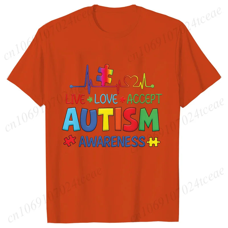 Women’s Live Love Accept Autism Awareness T-Shirt – Graphic Y2K Summer Top for Autism Awareness Month