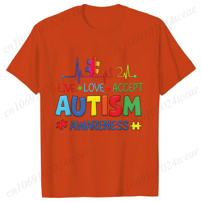 Women’s Live Love Accept Autism Awareness T-Shirt – Graphic Y2K Summer Top for Autism Awareness Month
