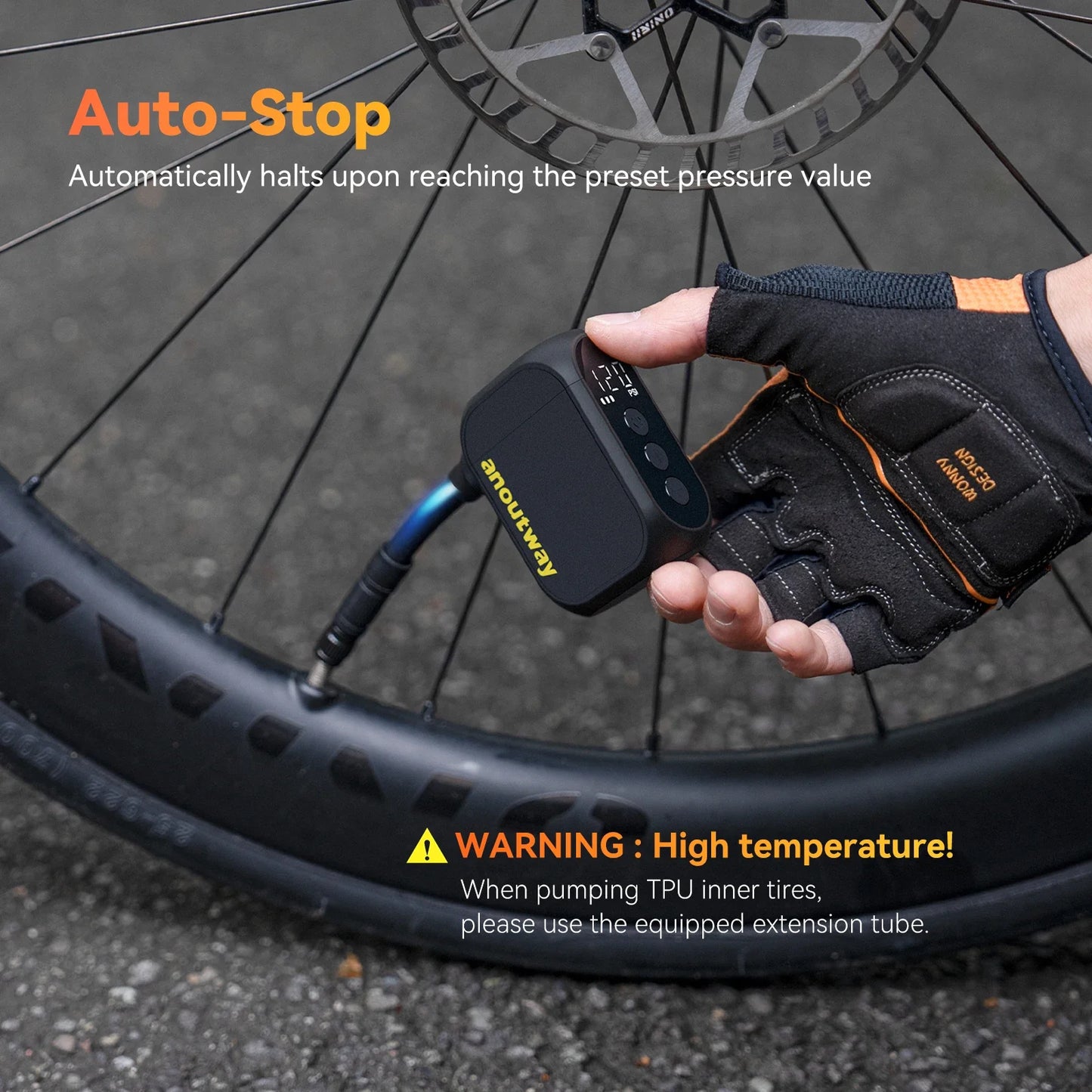 Anoutway AT1 Pro Mini Electric Bike Pump – Cordless Tire Inflator with Screen, 120PSI Max, 25-Min Fast Charging, 450mAh Battery