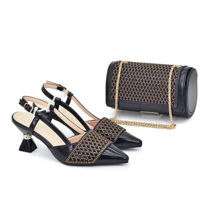 Women's Rhinestone Heeled Shoe & Bag Set - Elegant Nigerian Italian Party Pumps with Matching Bags