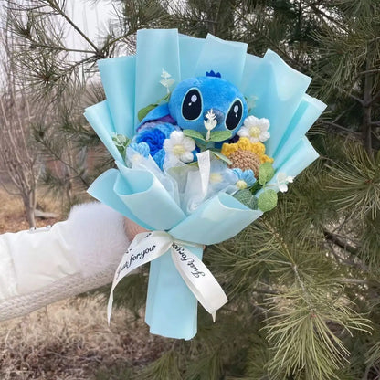 Cartoon Stitch Plush Doll with Flowers – Handmade Stuffed Animal Bouquet for Valentine’s, Christmas & Graduation Gifts