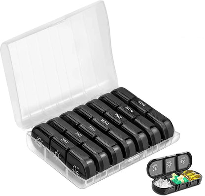 Weekly Pill Organizer – 21/3 Grid Black Plastic Medicine Storage Box, Portable Pill Case