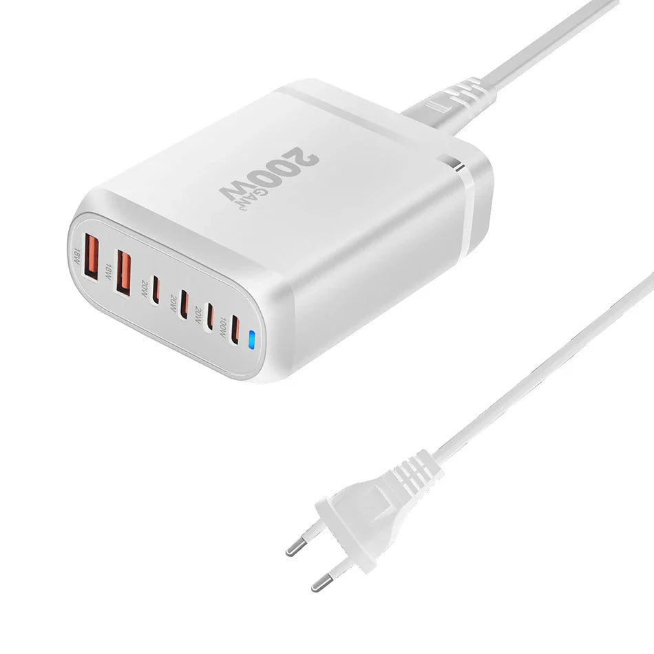 UHOMEBUY 200W GaN Desktop Charger - 6-Port USB Type C with 100W PD & Quick Charge 3.0 Fast Mobile Charger