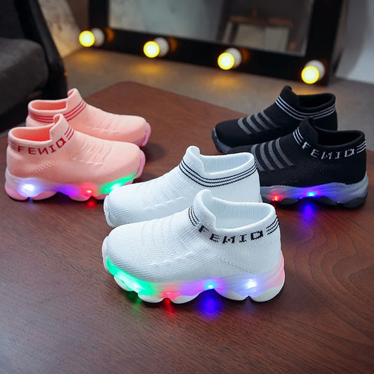 Kids' LED Light-Up Sneakers – Mesh Sport Shoes with Luminous Letters for Baby Girls & Boys, Light-Up Socks Design