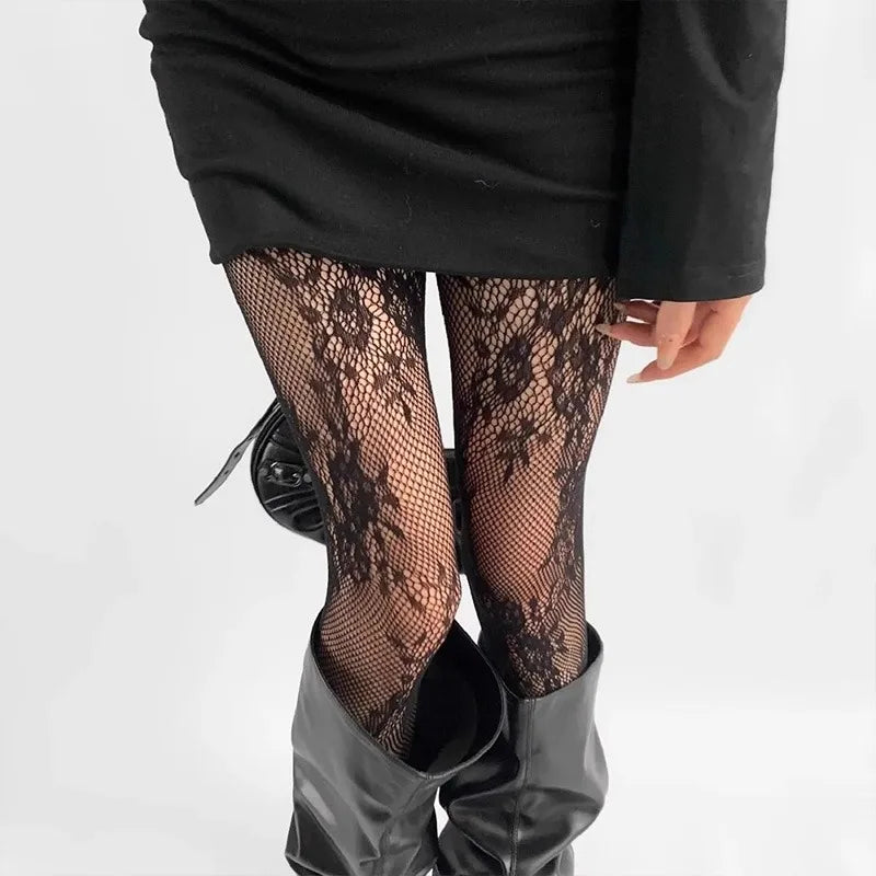 Women's Floral Lace Mesh Pantyhose - Harajuku Hollow Out Tights with Rattan Pattern Fashion Hosiery