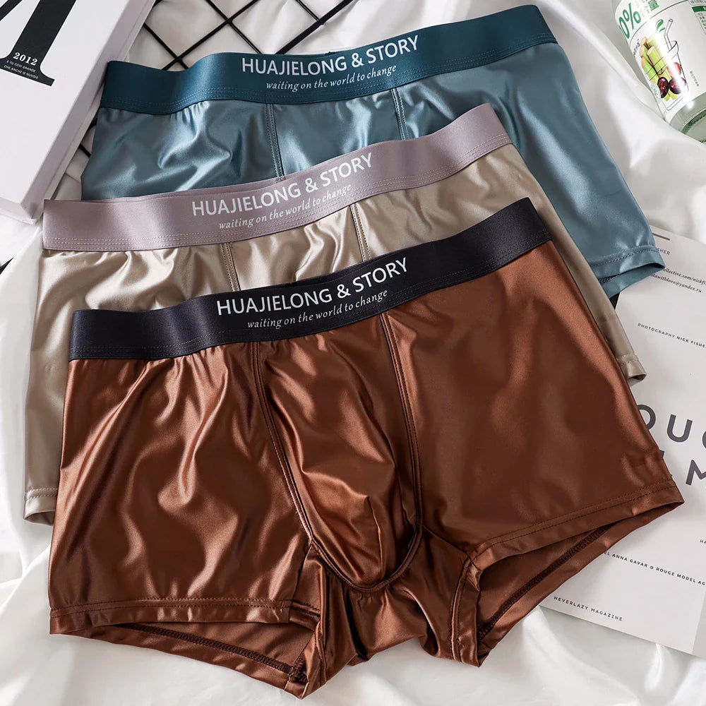 3PCS Luxury Ice Silk Satin Boxers — Summer Smooth, Cool Solid Men’s Underwear with Breathable Mesh Crotch