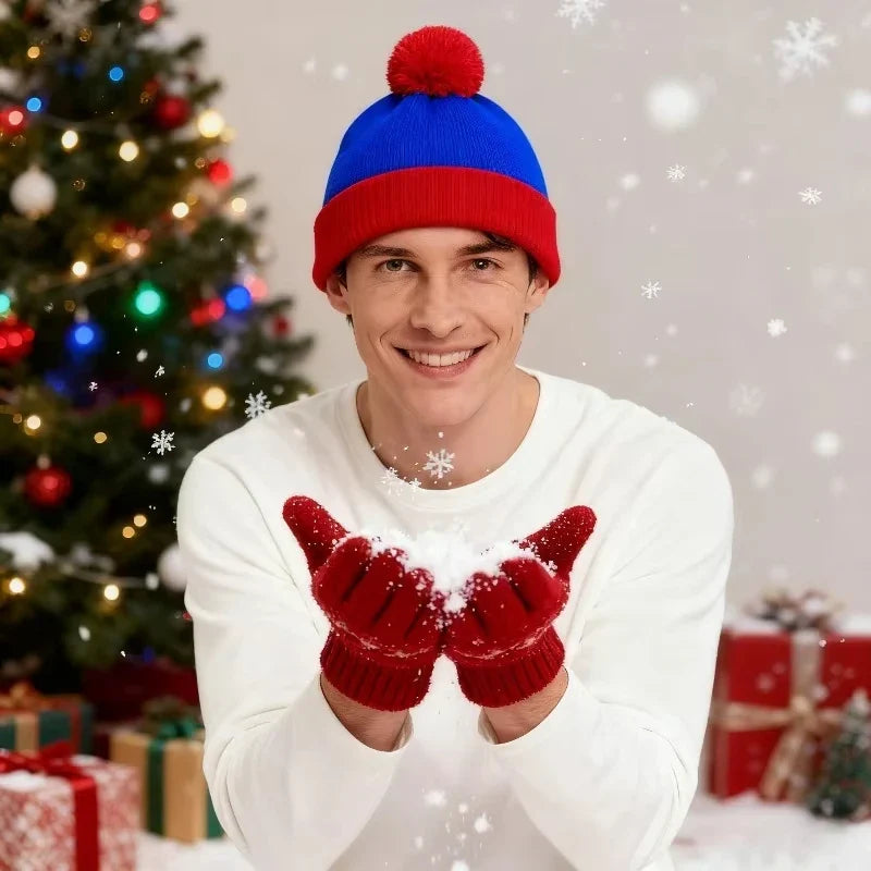 Unisex Christmas & Holiday Cosplay Set – Funny Knitted Beanie Hat with Gloves, Warm Winter Hat for Halloween & New Year