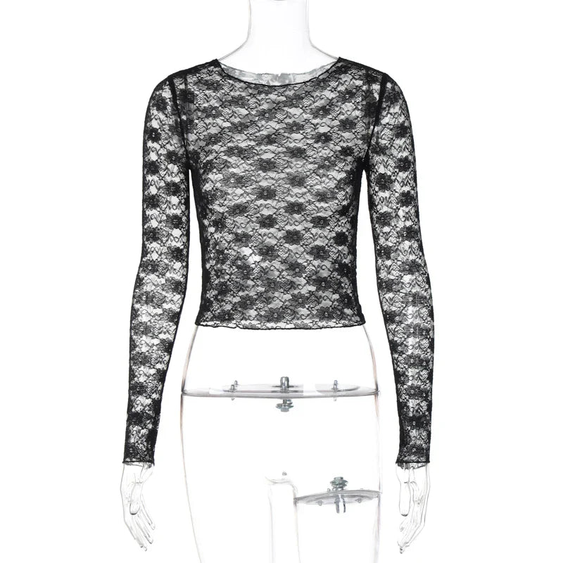 Dulzura Long Sleeve See-Through Lace Crop Top – Sexy Solid Bodycon T-Shirt for Women – Perfect for Party & Club – Autumn/Winter Fashion