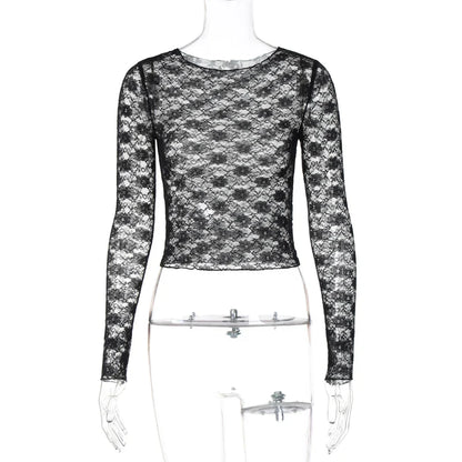Dulzura Long Sleeve See-Through Lace Crop Top – Sexy Solid Bodycon T-Shirt for Women – Perfect for Party & Club – Autumn/Winter Fashion