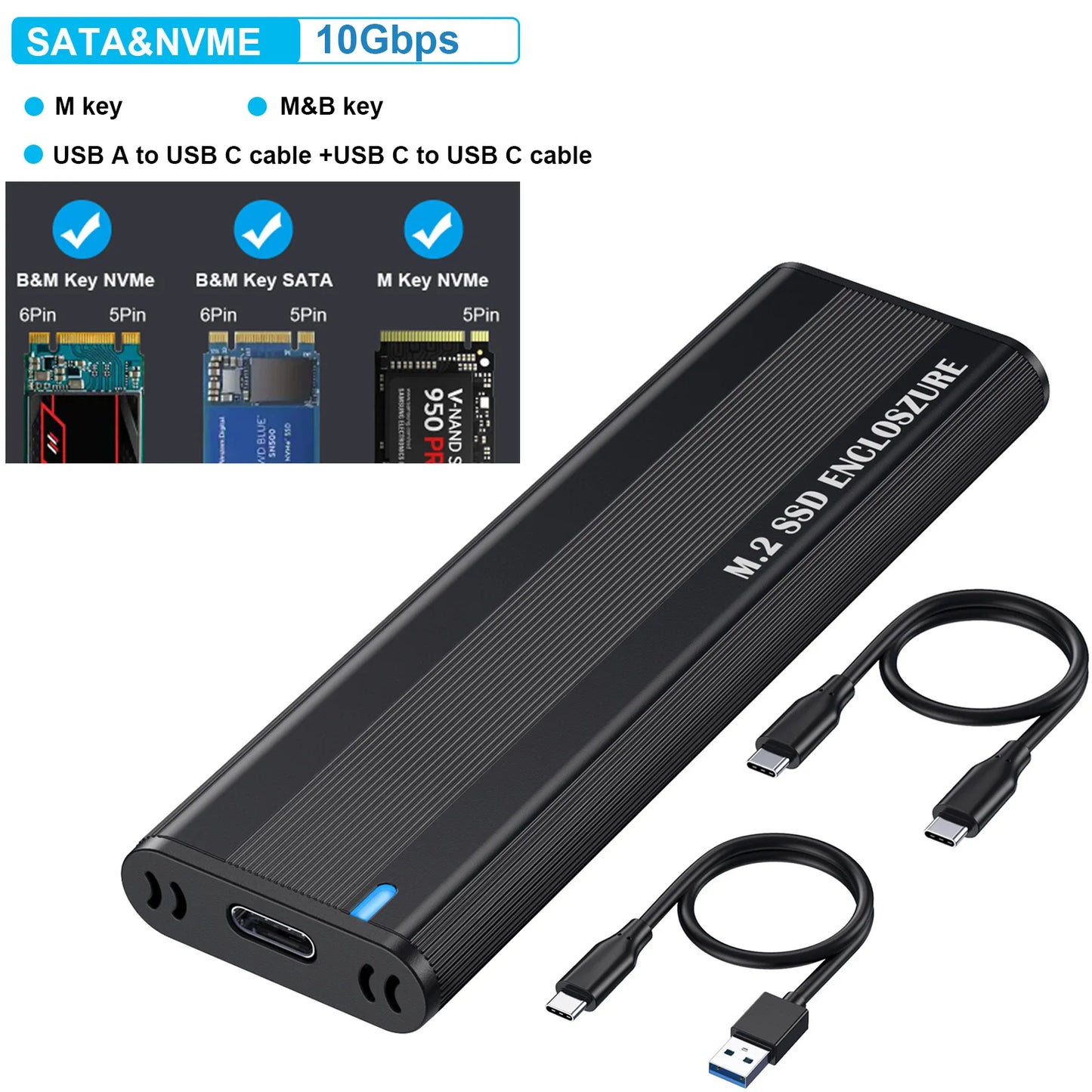 10Gbps M.2 NVMe SSD Enclosure — Solid-State Drive Adapter for 2230/2242/2260/2280 SSDs, Tool-Free Installation
