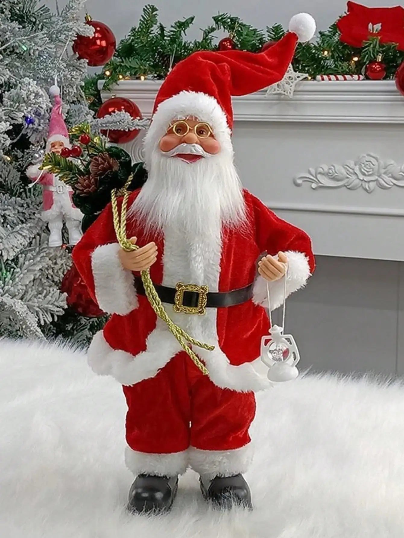 12-Inch Festive Santa Claus Statue – Golden & Silver White Christmas Decoration for Home, Kitchen, Hotel, and Office