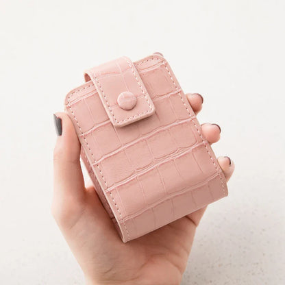 Mini Portable Lipstick Bag with Mirror - Small Cosmetic Bag with Button, Crocodile Embossed Women's Makeup Storage Case