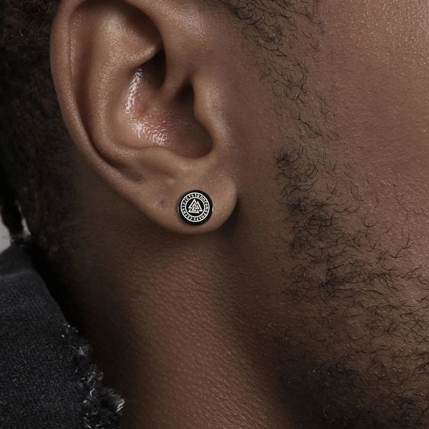 Vnox Men's Viking Black Stud Earrings - Vegvisir & Norse Valknut, Cool Punk Stainless Steel Set