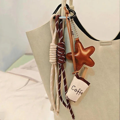 Kawaii Cartoon Linen Embroidery Coffee Bread Keychain - Cute Leather Heart Pendant Bag Charm Car Keychain Accessory