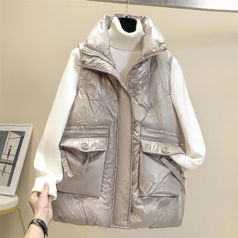 Women's Sleeveless Puffer Vest - Short Bright-Finish Winter Down Cotton Waistcoat Jacket