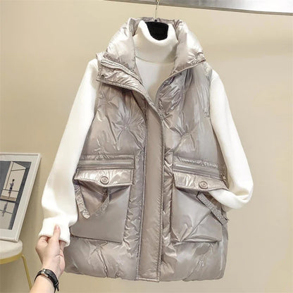 Women's Sleeveless Puffer Vest - Short Bright-Finish Winter Down Cotton Waistcoat Jacket