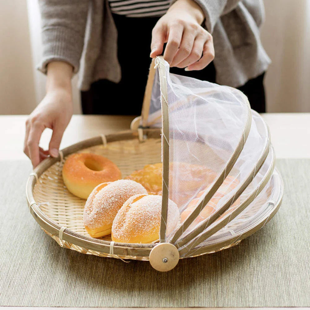 Bamboo Woven Basket with Anti-Mosquito Net – Portable Outdoor Fruit & Vegetable Tray with Mesh Cover