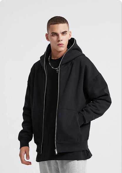 Men’s Harajuku Zip-Up Hoodie Jacket – Retro Black Oversized Long Sleeve Sweatshirt Coat