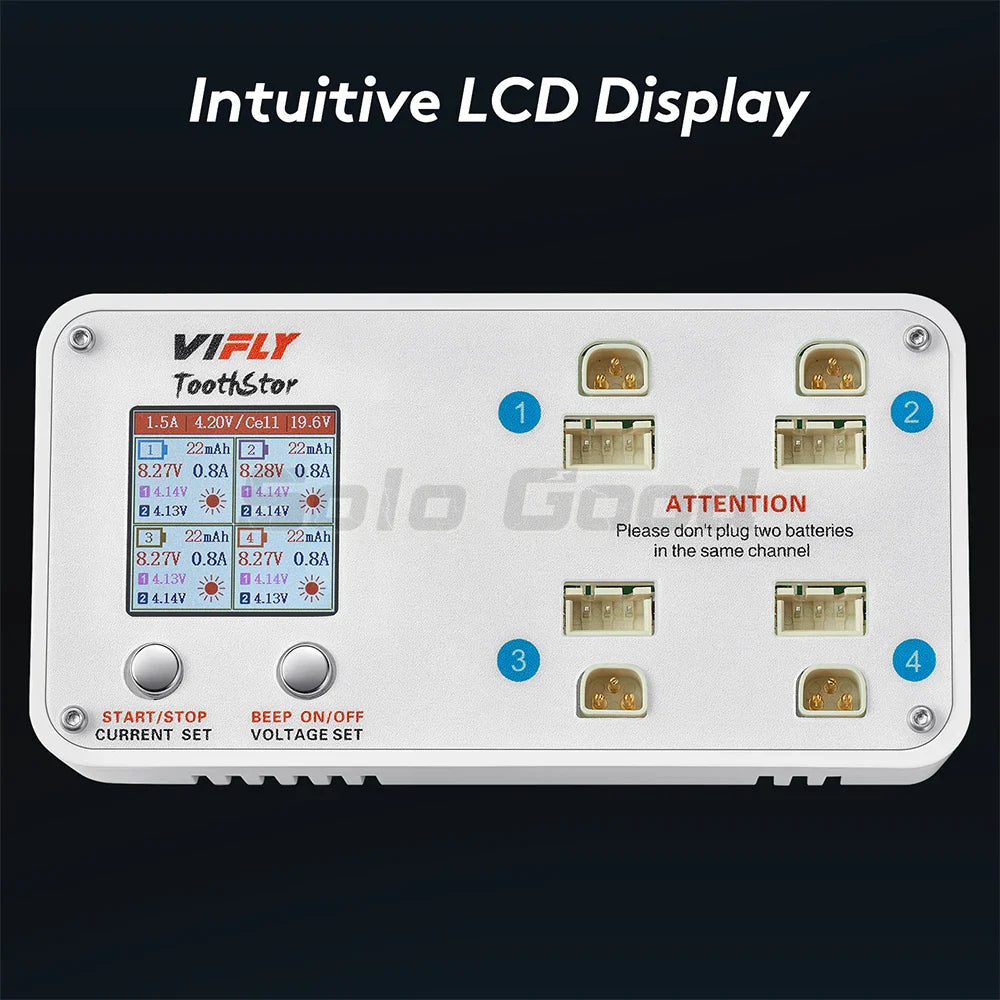 VIFLY ToothStor 4-Port 2S Balance Charger – LCD Display with Storage Mode for LiHV/LiPo RC FPV Racing Drone Batteries